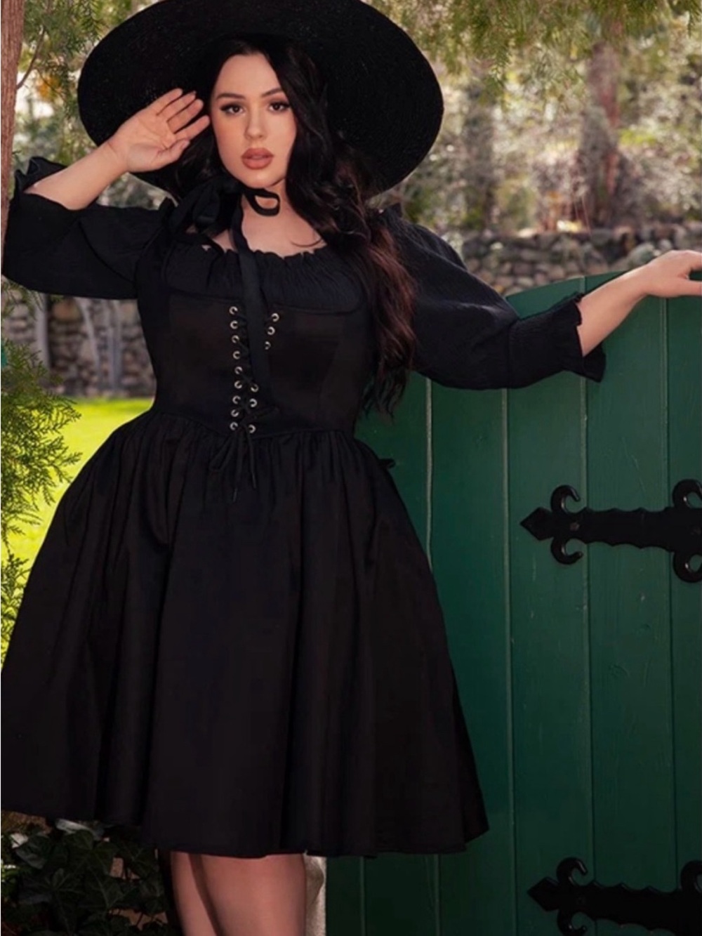 Elegant Black Lace-Up Corset Midi Dress - Women's